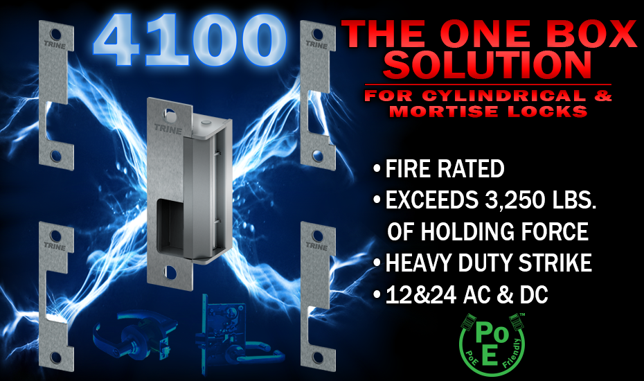 4100 electric strike is fire rated, burglary rated, and 294 rated, includes 4 faceplates.