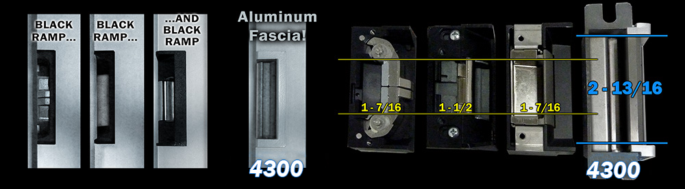 4300 comparison image to competitor strikes for latch height and fasci color